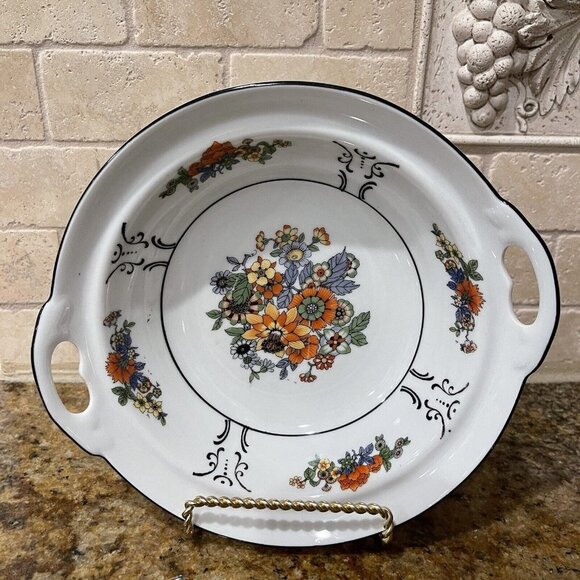 Celebrate Serving Bowl German Multicolor Flowers Side Handles Stamped 8.25" - Picture 2 of 10